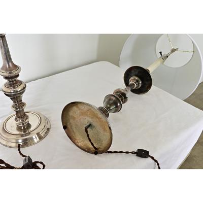 French Pair of Tall Silverplate Candlestick Lamps