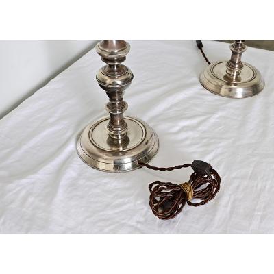 French Pair of Tall Silverplate Candlestick Lamps