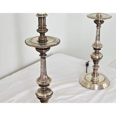 French Pair of Tall Silverplate Candlestick Lamps