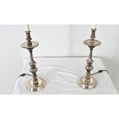 French Pair of Tall Silverplate Candlestick Lamps