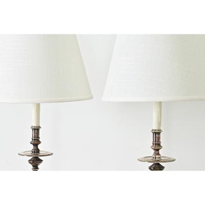French Pair of Tall Silverplate Candlestick Lamps