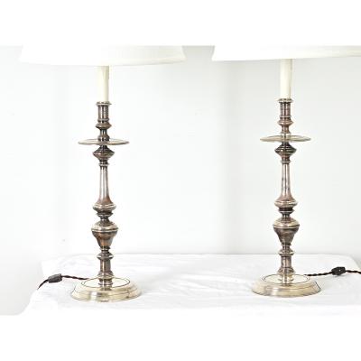 French Pair of Tall Silverplate Candlestick Lamps