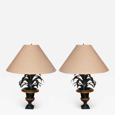French Pair of Tole Palm Frond in Urn Table Lamps