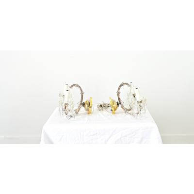 French Pair of Vintage Brass and Crystal Wall Sconces