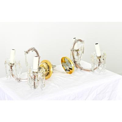 French Pair of Vintage Brass and Crystal Wall Sconces