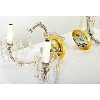 French Pair of Vintage Brass and Crystal Wall Sconces