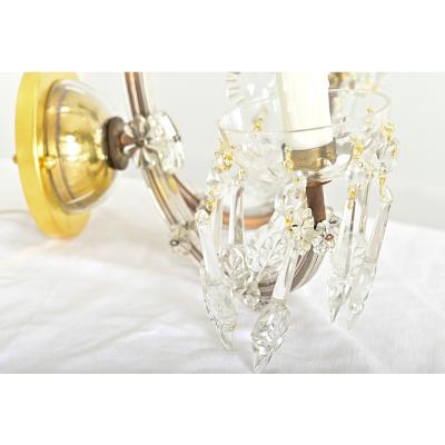 French Pair of Vintage Brass and Crystal Wall Sconces