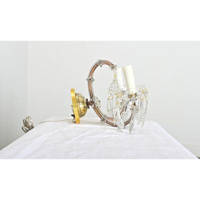 French Pair of Vintage Brass and Crystal Wall Sconces