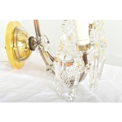 French Pair of Vintage Brass and Crystal Wall Sconces