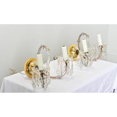 French Pair of Vintage Brass and Crystal Wall Sconces