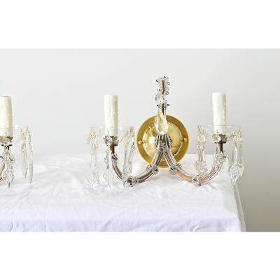 French Pair of Vintage Brass and Crystal Wall Sconces