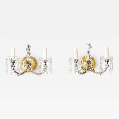French Pair of Vintage Brass and Crystal Wall Sconces