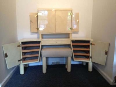 French Parchment Lacquered Vanity And Leather Top Stool