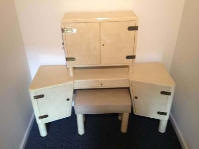 French Parchment Lacquered Vanity And Leather Top Stool