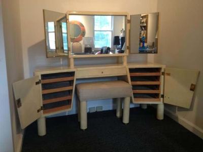 French Parchment Lacquered Vanity And Leather Top Stool