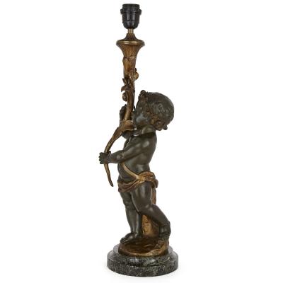 French Patinated Bronze Lamp Modelled as a Putto