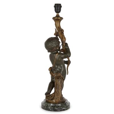 French Patinated Bronze Lamp Modelled as a Putto