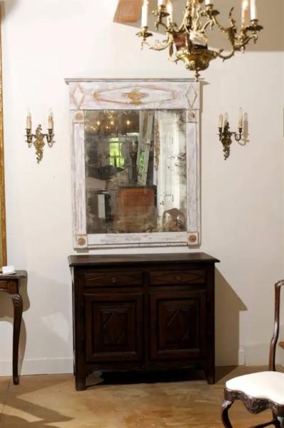French Period Directoire Trumeau Mirror with Distressed Paint Late 18th Century
