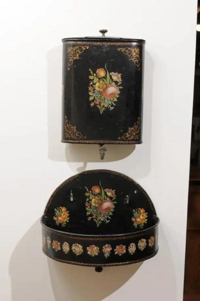 French Period Napoleon III Black Painted T le Lavabo with Floral D cor 1870s
