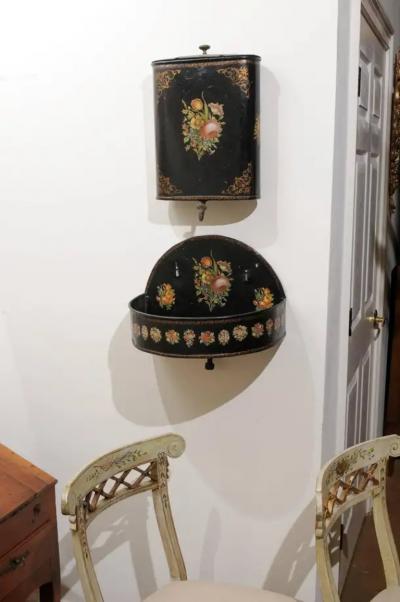 French Period Napoleon III Black Painted T le Lavabo with Floral D cor 1870s