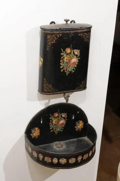 French Period Napoleon III Black Painted T le Lavabo with Floral D cor 1870s