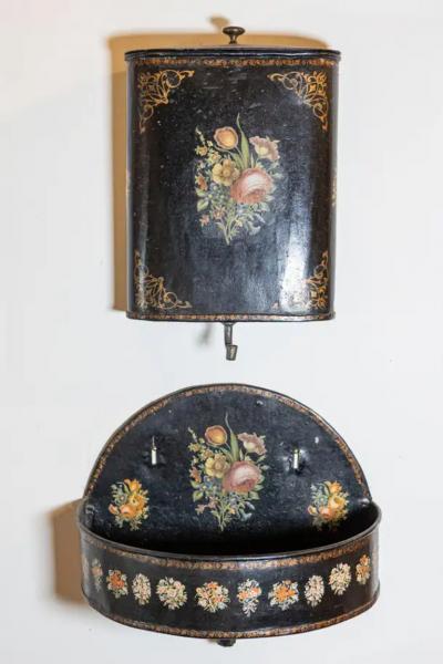 French Period Napoleon III Black Painted T le Lavabo with Floral D cor 1870s