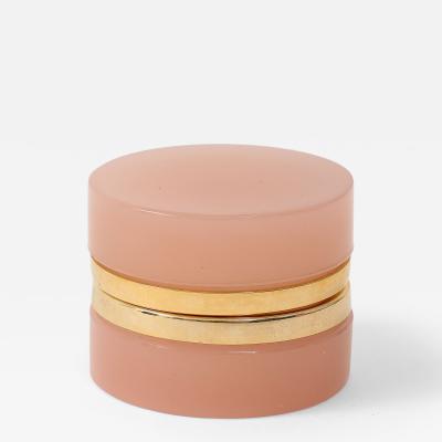 French Pink Mini Round Opaline Box with Polished Brass Mount Early 20th C 