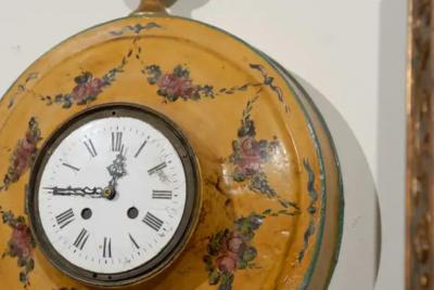 French Pocket Watch Shaped Wall Hanging T le Clock with Floral D cor circa 1800