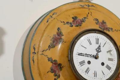 French Pocket Watch Shaped Wall Hanging T le Clock with Floral D cor circa 1800