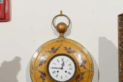 French Pocket Watch Shaped Wall Hanging T le Clock with Floral D cor circa 1800