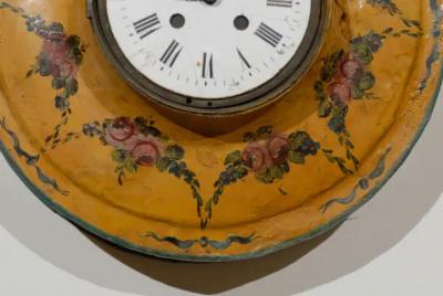 French Pocket Watch Shaped Wall Hanging T le Clock with Floral D cor circa 1800