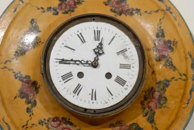 French Pocket Watch Shaped Wall Hanging T le Clock with Floral D cor circa 1800