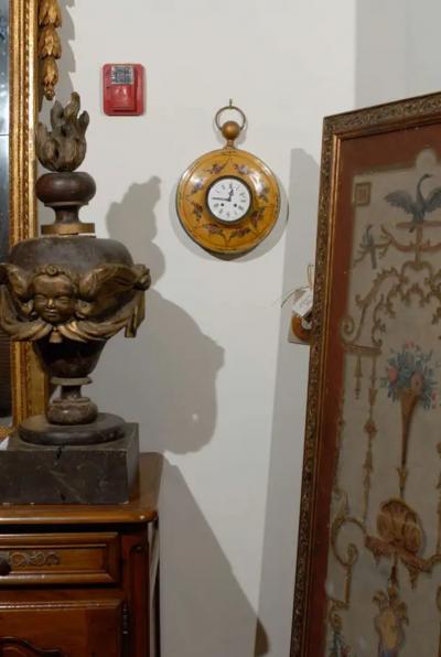 French Pocket Watch Shaped Wall Hanging T le Clock with Floral D cor circa 1800