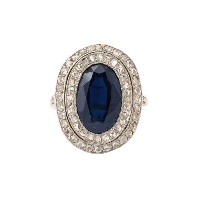 French Pompadour Oval Sapphire Ring with Rose Cut Diamonds