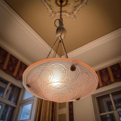 French Pressed Glass Art Deco Chandelier in Peach Pink circa 1930