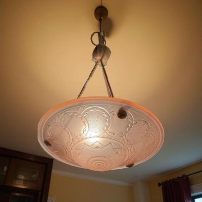 French Pressed Glass Art Deco Chandelier in Peach Pink circa 1930