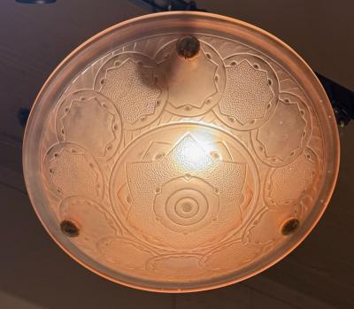 French Pressed Glass Art Deco Chandelier in Peach Pink circa 1930