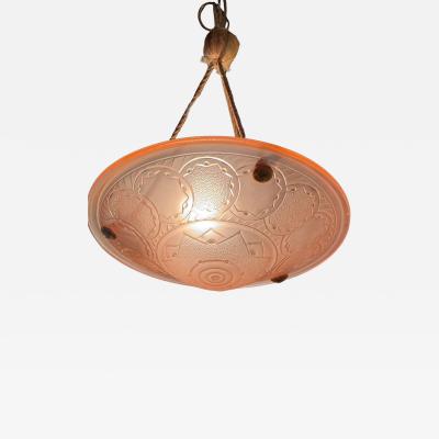 French Pressed Glass Art Deco Chandelier in Peach Pink circa 1930