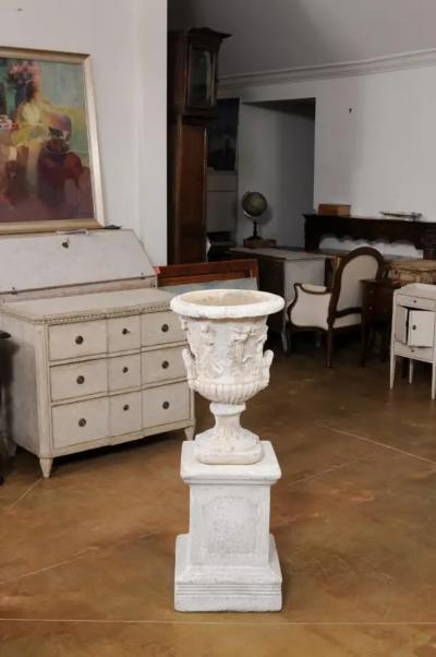 French Proven ale Medici Vase Inspired Jardini re with Carved Scenes circa 1870