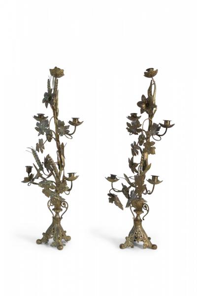 French Provincial Grape Leaf and Wheat Sheaf Harvest Motif Bronze Candelabras