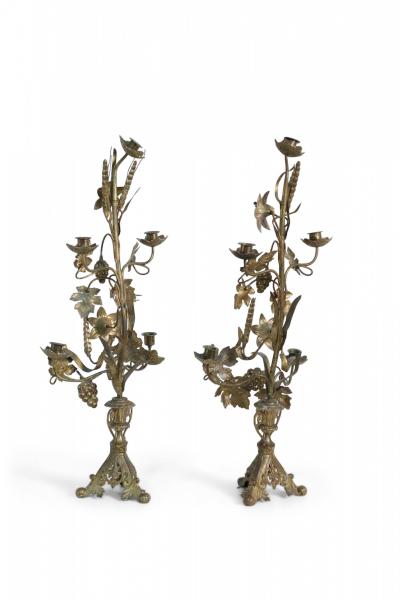 French Provincial Grape Leaf and Wheat Sheaf Harvest Motif Bronze Candelabras