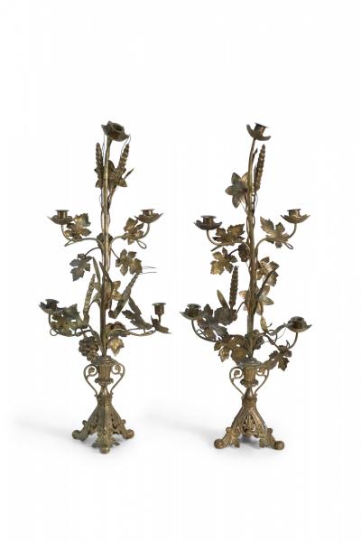 French Provincial Grape Leaf and Wheat Sheaf Harvest Motif Bronze Candelabras