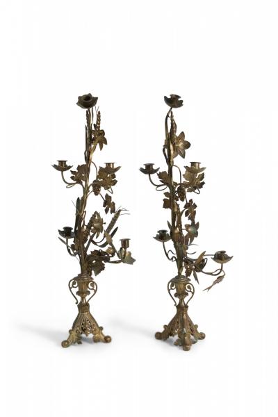 French Provincial Grape Leaf and Wheat Sheaf Harvest Motif Bronze Candelabras