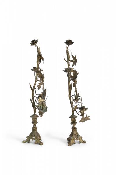 French Provincial Grape Leaf and Wheat Sheaf Harvest Motif Bronze Candelabras