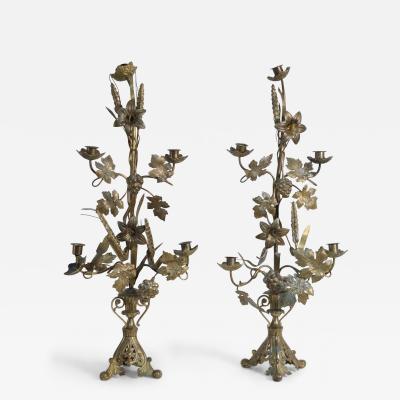 French Provincial Grape Leaf and Wheat Sheaf Harvest Motif Bronze Candelabras