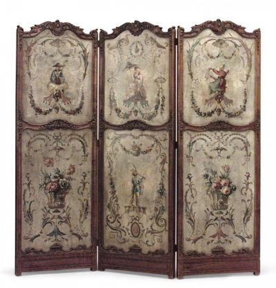 French R gence Style Oak 3 Fold Screen with Painted Panels