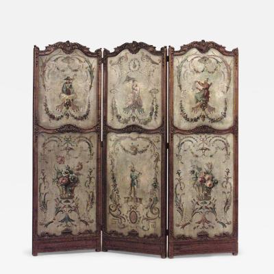 French R gence Style Oak 3 Fold Screen with Painted Panels