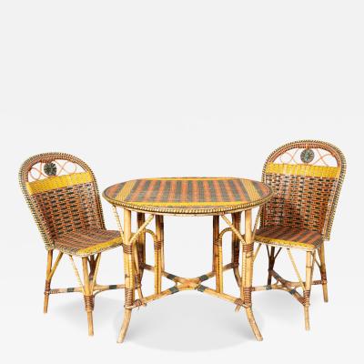 French Rattan Bistro Table And Pair Of Side Chairs