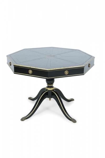 French Regence Style Hexagonal Black and Gilt Leather Top Pedestal Center Table