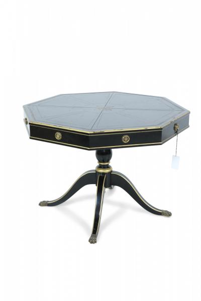 French Regence Style Hexagonal Black and Gilt Leather Top Pedestal Center Table